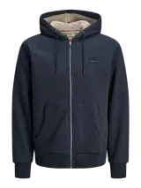 Campera canguro de cierre frontal y capucha ajustable, de color azul marino, con bolsillos tipo canguro y interior afelpado.