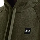 Canguro Under Armour de hombre, color negro, corte suelto, confeccionado en tela de polar con mezcla de algodón, con interior cepillado, gorro cruzado ajustable, bolsillo frontal tipo canguro, dobladillo y puños acanalados, mangas raglán y logotipo de parche tejido.
