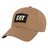 Gorro tipo cap color marrón con visera curva y parche frontal de silicona con el logo de Caterpillar.