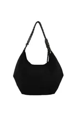 Cartera tipo hobo de Las Oreiro en color marrón, confeccionada en material tipo gamuza. Presenta una correa de hombro estilo soga trenzada con nudos decorativos y un bolsillo lateral con cierre. Incluye un pequeño aplique metálico con forma de labios en la parte inferior frontal.