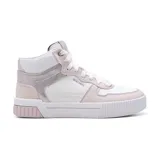 Championes de caña alta Skechers Jade Bit of Glamour, color blanco con detalles en rosa y plateado. Confeccionados en cuero sintético, con cordones y plantilla acolchada Skechers Air-Cooled Memory Foam.