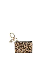 Estuche para tarjetas y llavero de diseño compacto con estampado de leopardo, cierre superior con cremallera, detalles metálicos dorados y anilla para llaves.