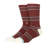 Medias Stance modelo Wilfred, diseño de caña alta con patrón de rayas horizontales en tonos bordó, marrón, gris y blanco. Talón y puntera en color blanco con detalle de línea azul.
