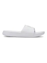 Chinelas Under Armour modelo Ignite Select, color blanco, con correa fija acolchada y logo de la marca en relieve. Presentan plantilla de EVA para mayor amortiguación y suela con tracción.