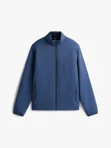 Campera acolchada de hombre, color azul marino, con cuello alto y cierre frontal de cremallera. Presenta bolsillos laterales con cierre y el logo de Tommy Hilfiger bordado en el pecho.