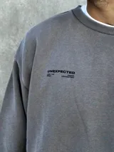 Buzo gris de corte oversize con cuello redondo y puños ajustados. Estampado en la espalda con la palabra "UNEXPECTED" y la frase "JOIN THE ROAD - POWER CONNECTION".