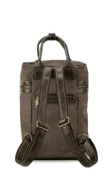 Mochila matera de diseño vertical, confeccionada en tela canvas marrón con detalles y refuerzos en cuero sintético oscuro. Cuenta con doble asa superior de mano, correas traseras regulables, cierre metálico frontal y bolsillo posterior.