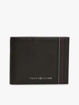 Billetera plegable Tommy Hilfiger de piel granulada negra, con detalle frontal de costuras decorativas tricolores y logotipo metálico de la marca en relieve.
