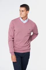 Buzo tejido de algodón con cuello en V, de diseño clásico y liviano, ideal para media estación.