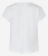 Blusa de manga corta color blanco hueso, con cuello redondo y un detalle de cruce o drapeado asimétrico en la parte delantera a la altura de la cintura. La tela presenta una textura sutil.