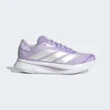 Championes de running Adidas modelo Duramo SL 2, color lila con detalles plateados. Presentan una parte superior de malla técnica transpirable, cierre de cordones, mediasuela LIGHTMOTION para mayor amortiguación y suela Adiwear resistente al desgaste.