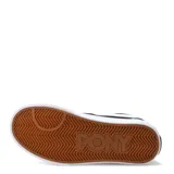 Championes de estilo urbano marca Pony, confeccionados en una combinación de lona y gamuza negra con detalles en blanco. Presentan el logo característico de la marca en el lateral, cordones blancos y suela de goma blanca con textura.