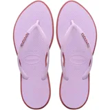 Ojotas Havaianas modelo Slim Point, con base color violeta claro y borde lateral en tono rojizo. Presentan tiras finas con textura y logo de la marca en relieve.