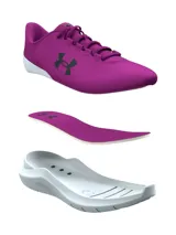 Championes de running Under Armour modelo Phade RN 3, color violeta con suela blanca. Presentan una parte superior de malla transpirable con el logo de la marca en el lateral y entresuela de EVA para mayor amortiguación.