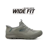Championes deportivos Skechers modelo Slip-ins Summits Dorrez Wide Fit, color gris, con diseño sin cordones, parte superior de tejido técnico y horma ancha.