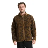 Campera de polar tipo sherpa con cierre frontal completo, cuello alto y estampado jacquard geométrico en tonos marrones. Cuenta con bolsillos laterales con cierre y paneles reforzados.