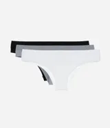 Kit de tres bombachas modelo bikini confeccionadas en tejido texturizado con tecnología seamless sin costuras. El set incluye una unidad en color blanco, una en gris melange y una en negro.