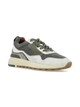 Sneaker de cuero con diseño deportivo, confeccionado en una combinación de tonos verde militar, marrón y off-white, con suela dentada de goma.