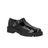 Mocasín negro charol con plataforma y hebilla lateral.