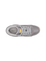 Championes Caterpillar modelo Theorem para hombre, en color gris con detalles en amarillo y suela de goma con base blanca.