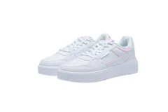 Championes 361º de estilo urbano, color blanco, con diseño de plataforma y detalles sutiles en relieve. Presenta un acabado monocromático con un pequeño detalle en tono rosado en el talón.