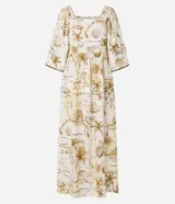 Vestido midi evasê de viscolino con estampa de mapa, escote cuadrado, mangas amplias con lunares, lastex en la espalda y recorte fruncido en la cintura.