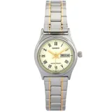 Reloj analógico Casio con caja de acero inoxidable de 25 mm, esfera color crema con números romanos y calendario de día y fecha. Presenta una malla de eslabones en combinación de tonos plateado y dorado.