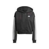 Campera Adidas Essentials French Terry negra con capucha ajustable con cordón, cierre frontal, bolsillos frontales, puños y dobladillo acanalados y las tres tiras características en las mangas.