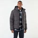 Campera acolchada de corte recto en color gris, con capucha ajustable, cierre frontal de cremallera y botones a presión, y bolsillos laterales.