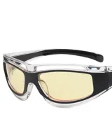 Anteojos de sol deportivos con armazón transparente y detalles en negro, con lentes amarillas rectangulares.