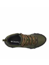 Bota de senderismo de media caña Columbia, color verde oliva con detalles en negro y cordones marrones. Presenta una construcción de malla sin costuras con refuerzos impresos en 3D, membrana impermeable OutDry, entresuela TechLite+ para amortiguación y suela Adapt Trax para tracción en terrenos variados.