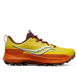 Championes de trail running Saucony Peregrine 13, color amarillo, naranja y marrón. Cuentan con entresuela de espuma PWRRUN, suela exterior de goma PWRTRAC y protección contra rocas.