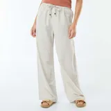 Pantalón wide leg de mezcla de lino color beige, con diseño de rayas verticales finas.