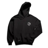Canguro negro con capucha y bolsillo frontal tipo canguro. Presenta un pequeño estampado circular con un lobo en el pecho y un estampado grande en la espalda con el mismo diseño. Incluye una etiqueta pequeña en la parte inferior delantera.