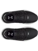 Championes Under Armour modelo Phantom X, de diseño deportivo y futurista. Presentan una parte superior de tejido transpirable en color negro, estructura de soporte en TPU en el mediopié con el logo de la marca y una entresuela de espuma blanca con amortiguación reactiva.