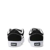 Championes de estilo urbano marca Pony, confeccionados en una combinación de lona y gamuza negra con detalles en blanco. Presentan el logo característico de la marca en el lateral, cordones blancos y suela de goma blanca con textura.