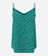 Blusa de crepé con estampado geométrico en verde y blanco, escote en pico y breteles finos.