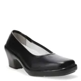 Zapato tipo scarpin de cuero negro, diseñado para uso ocupacional. Presenta una silueta clásica con punta cuadrada, taco bajo y suela de poliuretano antideslizante. Incluye forro interno de cuero y plantilla anatómica para mayor confort.