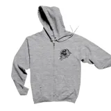 Campera con cierre frontal y capucha, color gris melange. Presenta un estampado pequeño en el pecho con un diseño de pez koi y ondas, y un estampado grande en la espalda con el mismo motivo artístico.