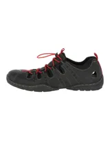 Sandalia deportiva de cuero color negro con cordones elásticos rojos y suela de goma.