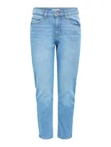 Pantalón de jean celeste, de corte recto y tiro alto.