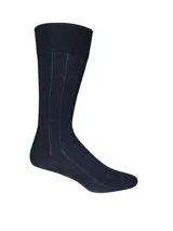 Medias largas de color azul marino con diseño de listas verticales acanaladas y puño elástico suave.