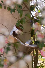 Sandalia plateada de cuero con taco de madera y hebillas decorativas.