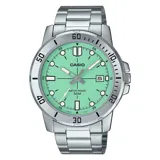 Reloj Casio plateado con esfera verde agua, con números en el bisel y calendario.