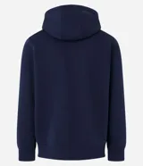 Buzo deportivo negro con capucha, cierre frontal con cremallera, bolsillos laterales y puños ajustados. Confeccionado en tejido de algodón y poliéster.