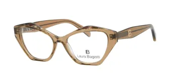 Armazón para lentes Laura Biagiotti modelo 18 col BR, color marrón claro con forma irregular y detalles del logo de la marca en las patillas.