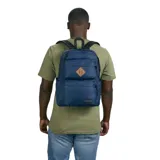 Mochila Jansport Double Break azul con logo bordado.
