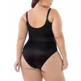 Body modelador color arena, tipo pieza entera, con tirantes ajustables y detalles de puntilla en el busto y la cadera. Confeccionado en lycra, sin aro y con abertura en la entrepierna.