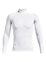 Remera térmica deportiva Under Armour modelo HG Armr Comp Mock LS, de color blanco, manga larga y cuello alto con el logo de la marca impreso. Diseño de compresión con ajuste ceñido al cuerpo.