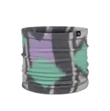 Cuello térmico de forro polar Buff, con diseño estampado geométrico en tonos gris, verde menta y lila.
